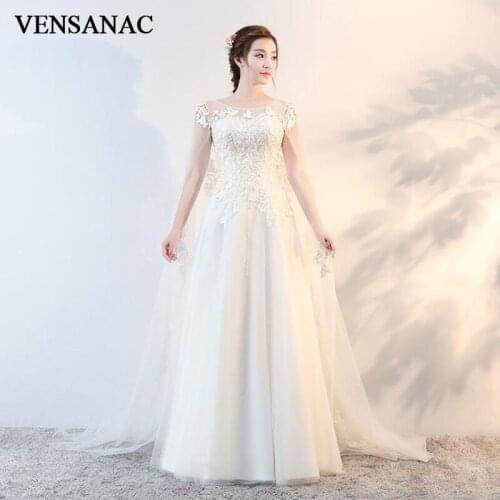 VENSANAC 2018 Illusion O Neck Lace Appliques A Line Wedding Dresses Sequined Tulle Sweep Train Open Back Bridal Gowns