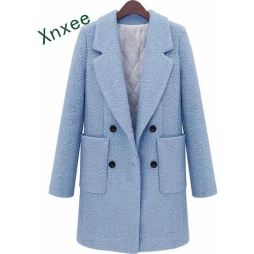 Xnxee Fall Winter Woolen Coat Thick Quilted Oversize for Women White Blue Outerwear Double Buttons Long Sleeves Wool Autumn