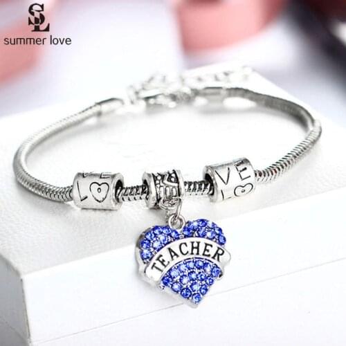 White Crystal Heart Jewelry Best Teacher Charm Bracelet Mothers and Teachers Day Gifts Friendship Bracelet