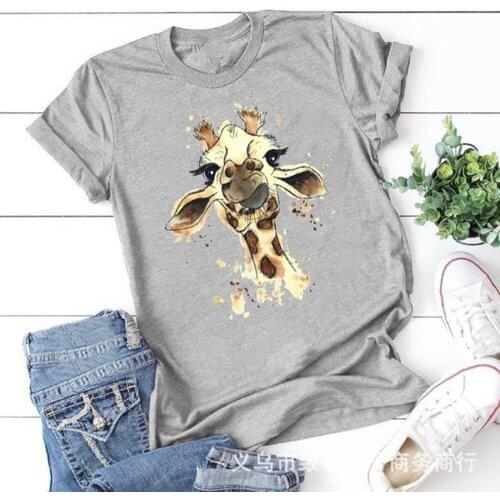 Giraffe Printed Short Sleeve Funny T Shirt Women Harajuku Tshirt Women Shrot Sleeve Cotton Loose Black White T Shirt Femme Tops