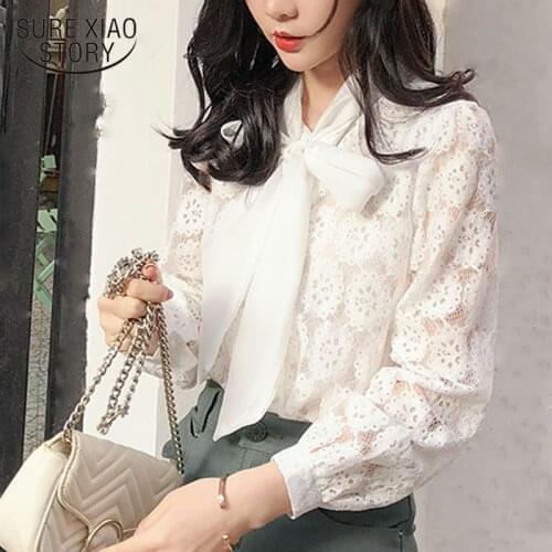 Womens clothing 2021 white blouse shirts korean fashion clothing bow chiffon blouse solid harajuku ladies tops 3474 50