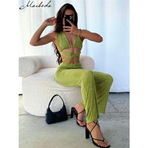 Macheda Summer Solid Knitting Slim Two Pieces Set Women Sexy Halter Sleeveless Crop Top And High Waist Flare Trousers Sets