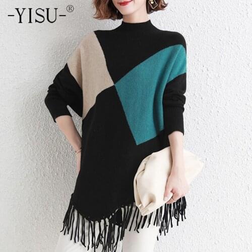 YISU Women Winter Sweater Half turtleneck Stitching color Jumper Fringed edge Long sleeve Winter tops Loose Knitted pullover