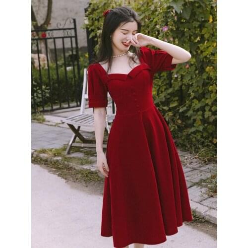 Autumn Summer Women Red Velvet Dress Vintage Elegant Long & Short Sleeve Large Size Lady Party Night Dinner Dresses Vestidos