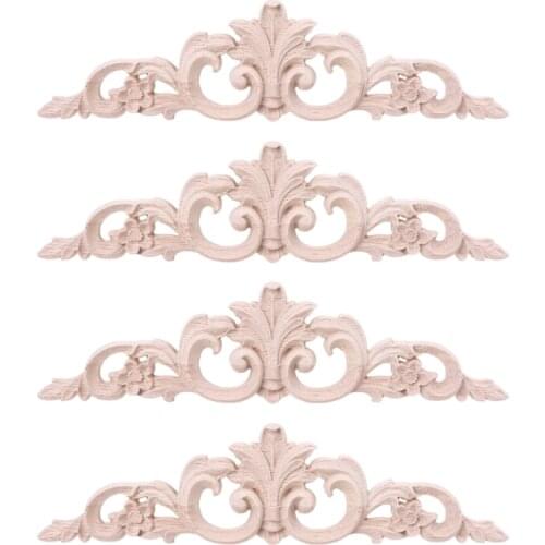 4pcs Exquisite Wood Carved Onlay Appliques for Furniture Cabinet Unpainted Wooden Mouldings Decal Decoration