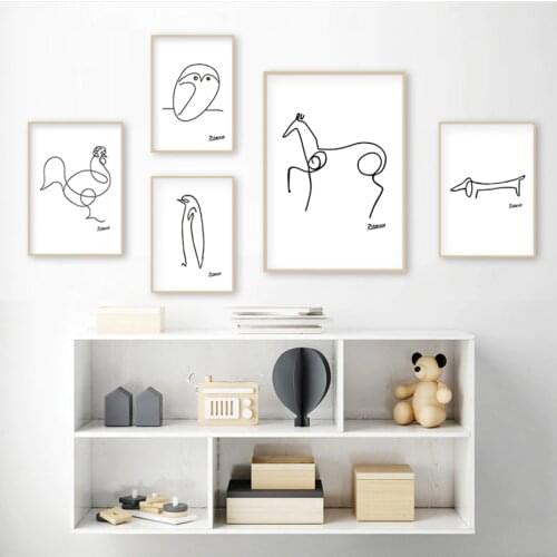 Abstract Line Art Animals Sketches Nursery Decor Canvas Painting Minimalist Black and White Wall Poster Print Picture Home Decor