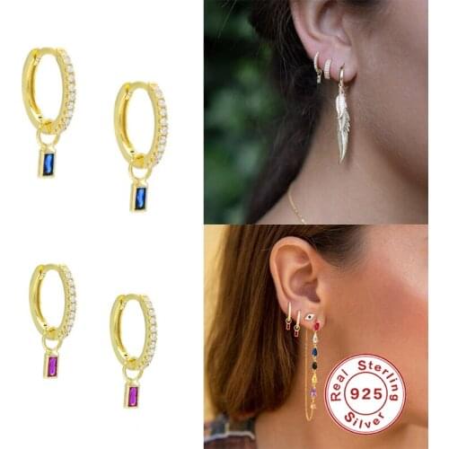 Aide 925 Sterling Silver Colorful Crystal Pendant Hoop Earrings For Women Gift Shiny Rectangle Zircon Earring Pendientes Jewelry