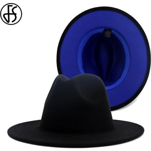 FS Black Royal Blue Patchwork Wool Fedora Hats For Women Men Felt Panama Jazz Cap Trilby With Belt Buckle Wide Brim Cowboy Caps