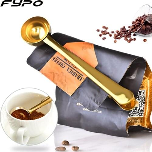 Fypo 2 in 1 Coffee Scoop Stainless Steel With Sealing Clip Coffee Spoons Bag Clip Tea Measuring Spoon Scoops Coffee Accessories