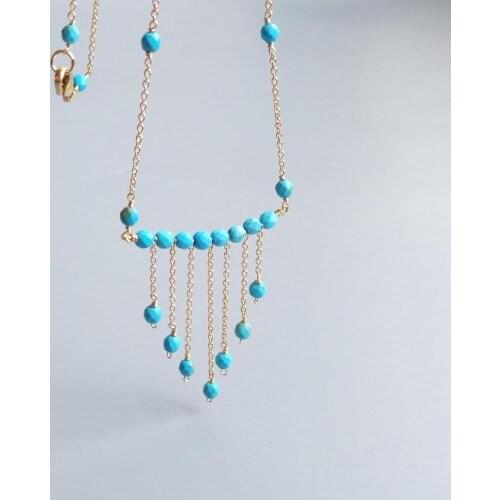 LiiJi Unique Blue Turquoise 14K Gold Filled Chain Choker Tassel Pendant Delicate Handmade Pendant Necklace
