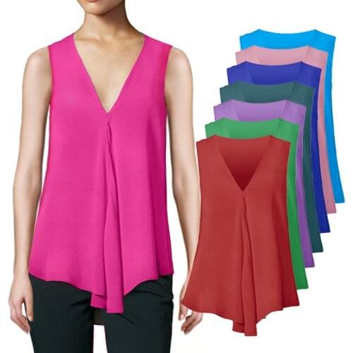 Fashion Women Chiffon Blouses Ladies Tops Sleeveless V Neck Shirt Blusas Femininas Plus Size S-6XL Female Clothing Solid Color