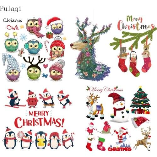 Pulaqi Cartoon Christmas Patches For Clothing Applique Iron On Transfer Vinly Patches Thermal Sticker On Clothes For Kids DIY