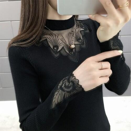 2021 New Autumn Winter Women Pullover Sweaters Casual Elastic Lace Embroidered Jumper Fashion Turtleneck Warm Female Sweaters