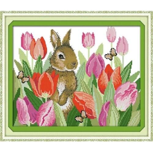 Joy Sunday Tulip and Rabbits Animal Cross Stitch Kits 14CT Counted Printed Chinese Embroidery Set Needlework Decoration for Home