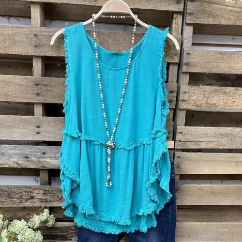 Summer New Fashion Loose Solid Color 0 Neck Fray Irregu larShirt Women Sleeveless Loose ular Shirt Office Ladies Streetwear Top