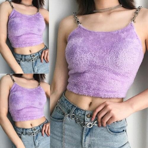 Fur Metal Chain Strappy Vest Tops Summer Womens Sexy Purple Solid Sleeveless Crop Top Short Length