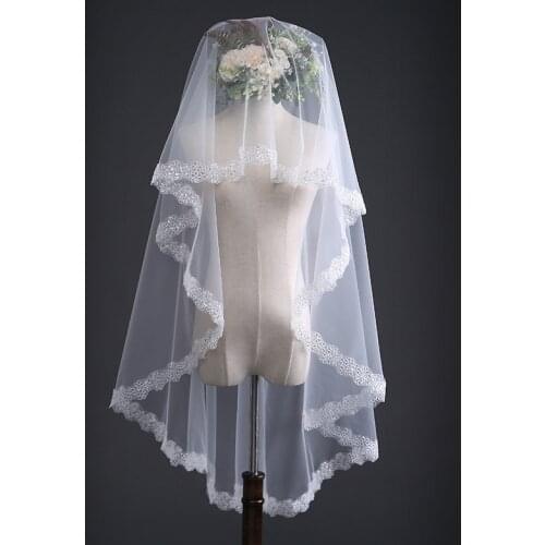 2019 Simple Design Bridal Veil Tulle 2 Length Veil Lace Edge New Design