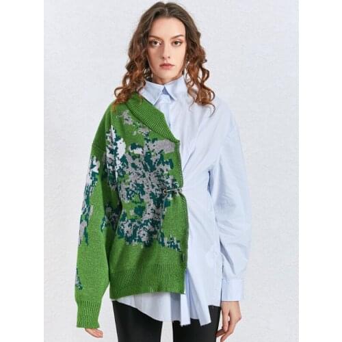 Tunic Irregular Shirts Female Lapel Collar Long Sleeve High Waist Patchwork Hit Color Kitting Blouses Women Fashion