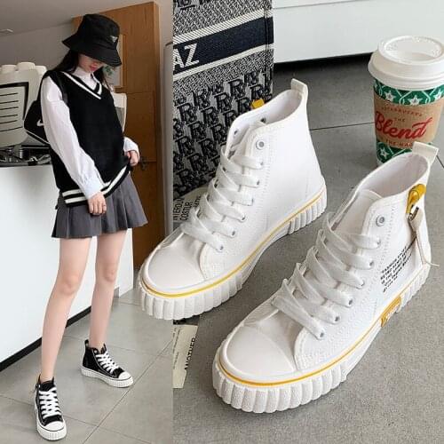 2021 Spring New Women Flat Shoes Women White Canvas Shoes High-top Casual Vulcanized Shoes Female Boots Fashion Student Sneakers