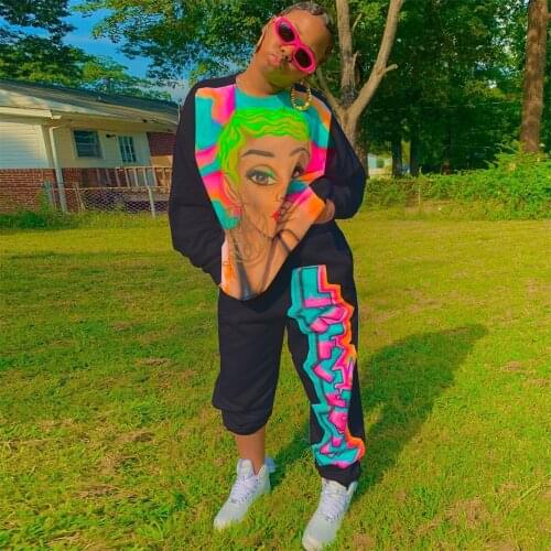 Womens Tracksuit Set Fashion Long Sleeve Round Neck Print Sweatshirt Jogger Sweatpants Two-piece Suit female Sport Outfit 2021