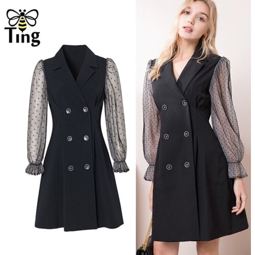 Tingfly Vintage Elegant Spring Autumn Double Breasted Black Mini Dress Notched Collar Casual Street New Short Dress Vestidos Za