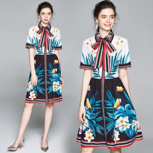 Wholesale Summer Runway Vintage Floral Print Collar Short Sleeve Empire Waist Women Ladies Party Casual Party A-Line Midi Dress