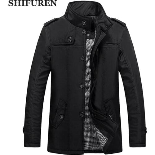 SHIFUREN Winter Warm Men Jacket and Coats Cotton-Padded Causal Parkas Long Sleeve Outerwear Overcoat Male Clothes Size M-XXXL