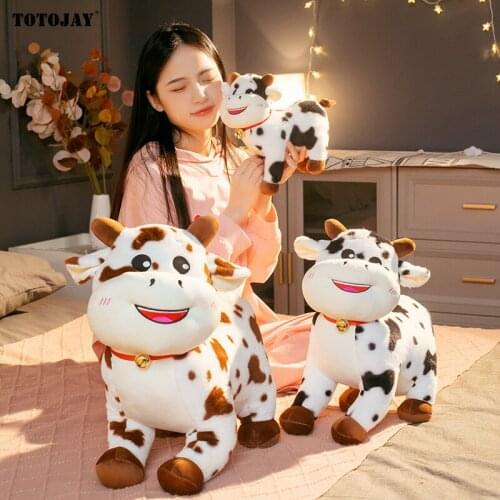 1pc 25-50cm Cute Real Life Cow Doll Stuffed Soft Cattle with Bell Plush Toy Bull Doll Birthday Present for Girls Kids Home Decor