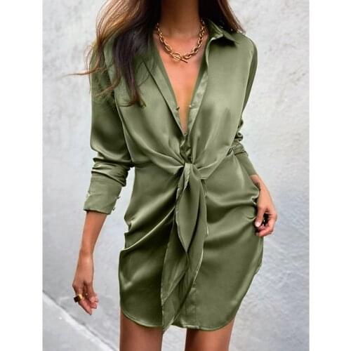 2021 Lapel Open Buttons Tide Bow Waist Long sleeve Shirt Dress Sexy Women Pleated Ruched Slim Waist Mini Satin Dresses Robe