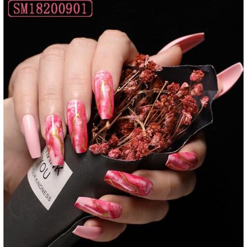 24 Pcs Marble Smudge Pink Bronzing Design Coffin Ballet Fake Nails Nail Glitter Manicure Decoration Nail Art Press On Nail Tips