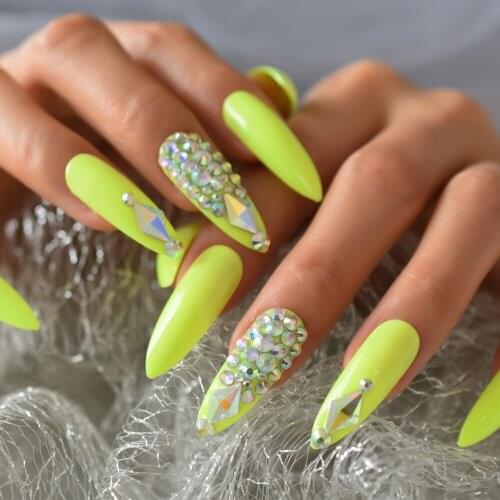 Extra Long Fluorescence Fingernail Custom Rhinestone Sharp Designed Nail Shiny Full Cover Manicure Tool