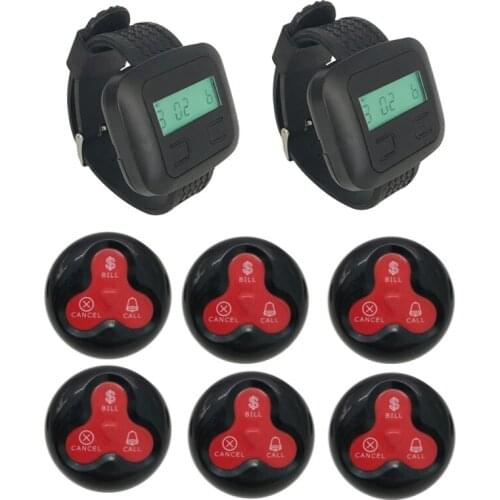 Wireless Waiter Calling System 2 Wrist Watch Receiver + 6 Waterproof Buttons for Fast Food Restaurant Church Office Bar