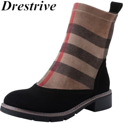 Drestrive Women Ankle Boots Kid Suede Low Heels 3.5 cm Non Slip Spring Patchwork Platform Striped Lattice Black Female Winter