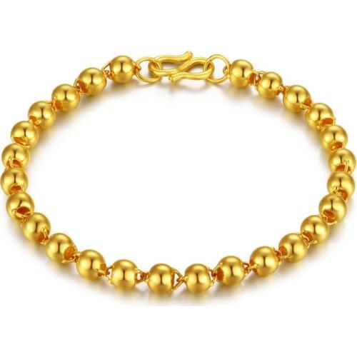 Best 24K Yellow Gold Bracelet Women 999 Gold Round Smooth Beads Bracelet Heavy Gold Bracelet
