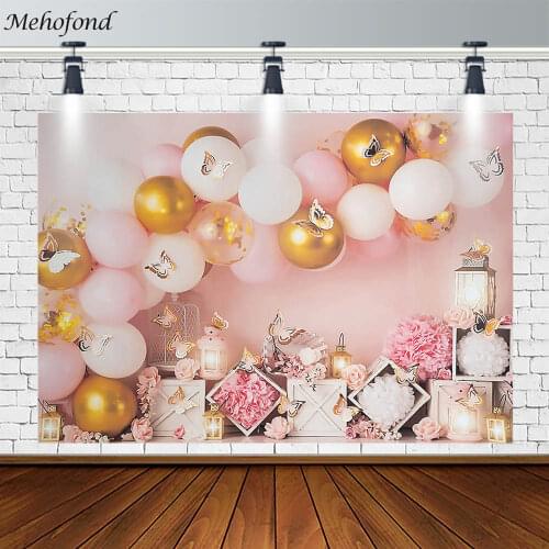 Mehofond Girl Birthday Party Backdrop Gold Pink White Balloon Floral Decor Photography Background Photo Studio Banner Photozone
