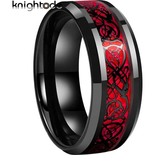 8mm Celtics Dragon/Red Carbon Fiber Inlay Men Women Black Tungsten Carbide Wedding Bands Anniversary Ring Comfort Fit
