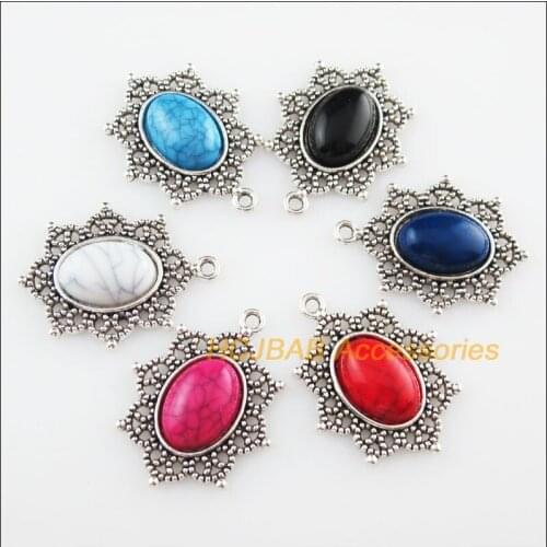Fashion 12Pcs Tibetan Silver Color Flower Mixed Stone Charms Pendant 23x29.5mm