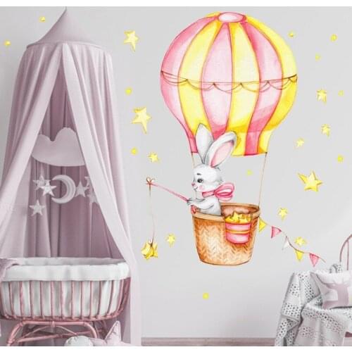 Cartoon Hot Balloon Wall Stickers for Kids Room Creative Poster Baby Bedroom Nursery Mural Rabbit Decal Home Decor Child Sticker