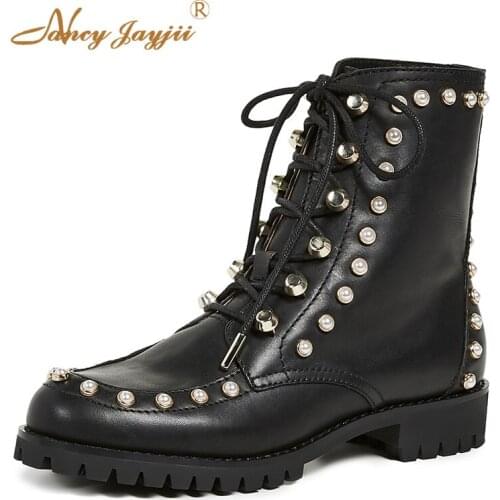 Woman Female Sping\ Autumn Motorcycle Riding Equestrian Lace-Up Boots Ankle Square heel Solid Rivet Black Big Size 45 Pearl