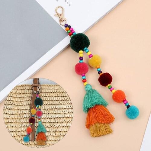 Handmade Pompom Ball Tassel KeyChains Boho Style Colorful Keychain Bag Charms Hanging Holder Pendant Jewelry Gift For Women