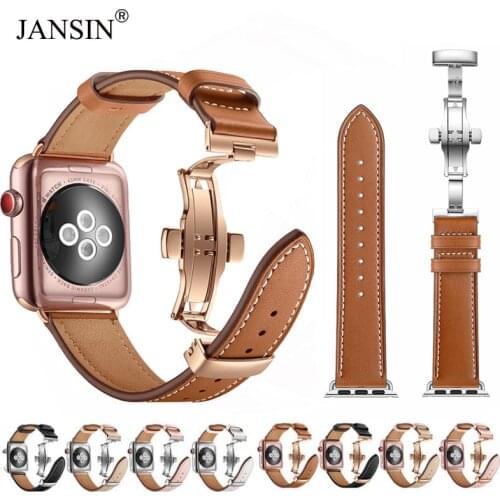 For Apple Watch Band Genuine Leather Strap For Apple Watch 42mm 38mm 40mm 44mm Butterfly Clasp Bracelet for iWatch 6 SE 5 4 3 2