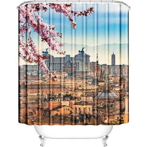 Pink flower bath curtain shower drop shipping city printing bathroom curtain waterproof