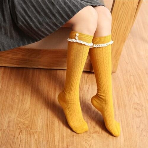 Spring And Autumn New Cotton Lace Buttons High Tube Women Knee College Style Stockings Wholesale 3pair/lot