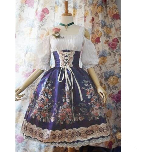 Victorian Gothic Lolita Vintage Dress Cosplay Maid Uniform Palace Print Long Sleeve Lace High Waist Medieval Womens Clothing