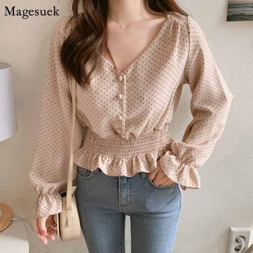 Elegant Front Buttons Slim Waist Ruffles Female Blouse Vintage V-neck Flare Sleeve Polka Dot Women Blouse Shirts Blusas 6602 50