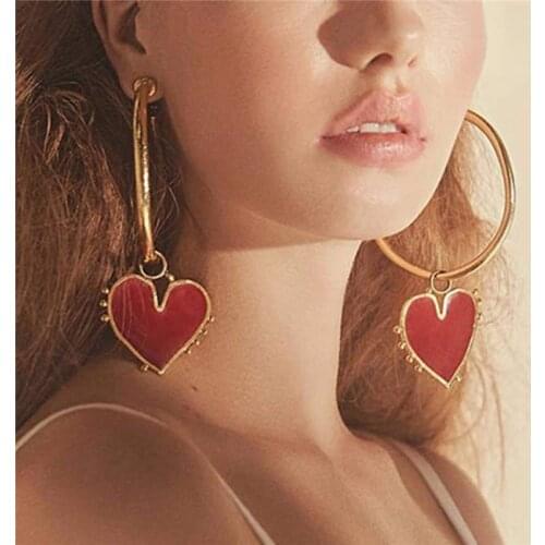 Fashion Red Love Heart Big Hoop Earrings For Women Gold Color Hoops Earings Circle Ear Rings Vintage Jewelry