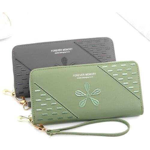Women Flower Embroidery Zipper Long Wallets Female Pu Leather Letter Printing Large Capacity Purses Wristband Ladies Cards