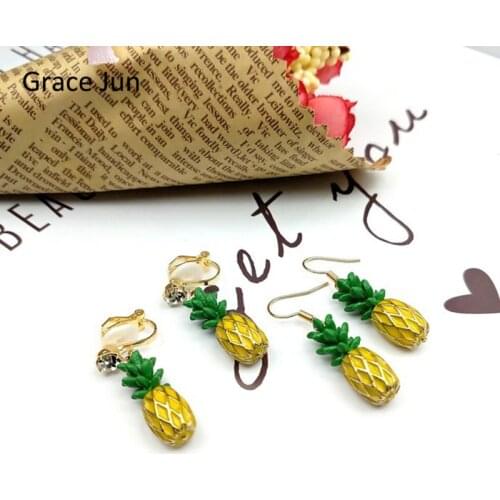 Grace Jun Rhinestone Enamel Pineapple Shape Clip on Earrings No Pierced for Women Fashion Korea Style Pierced Earrings Bijoux