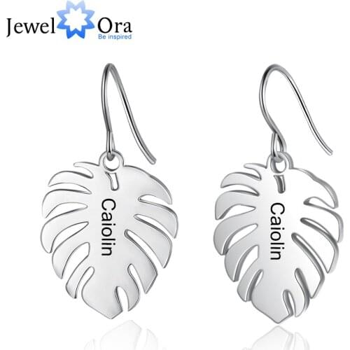 JewelOra Customized Engraved Leaf Earrings for Women Bohemia Personalized Name Dangle Drop Earrings Ladies Fashion Jewelry
