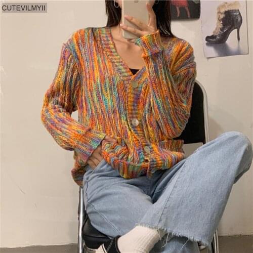 2020 New Arrival Rainbow Contrast Color Sweater Coat Single-breasted Cardigan V-Neck Long Sleeve Women Sweaters